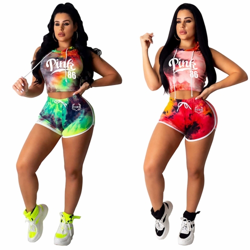 Casual tie dyed colorful sports top+shorts two-piece set