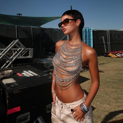 Sexy Metal Chain Hanging Neck Open Back Hollow Tank Top