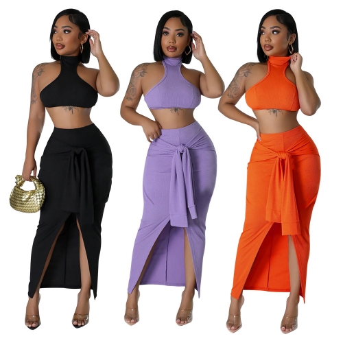 Backless High Neck Lace up Split Skirt Set