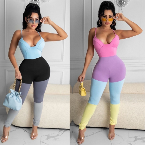 Sexy multicolored patchwork camisole jumpsuit