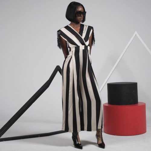 Casual striped high waisted sleeveless jumpsuit