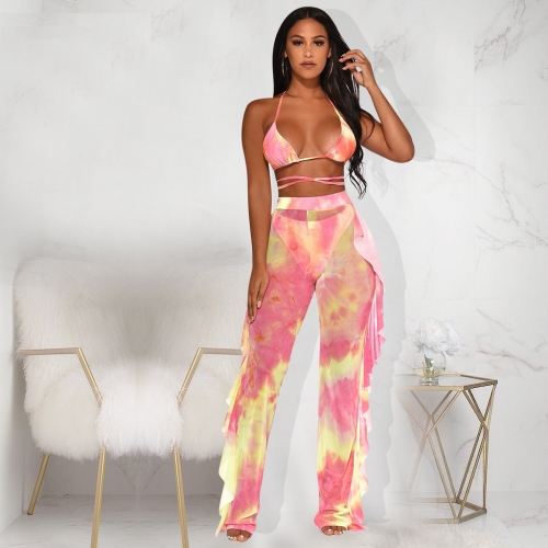 Two piece set of printed top and mesh pants (excluding underwear)
