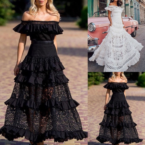 Charming one word shoulder lotus leaf edge hollowed out lace dress