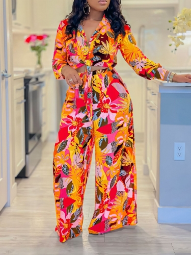 Casual printed lapel strap shirt+wide leg pants two-piece set