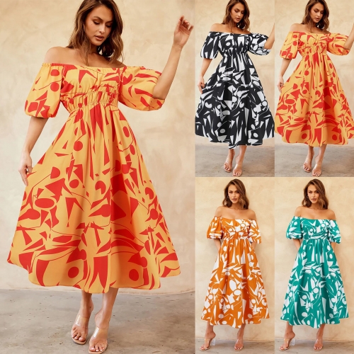 Printed sexy one line neck bubble sleeve dress