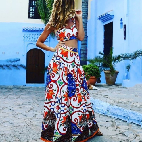 Sexy printed top+skirt two-piece set