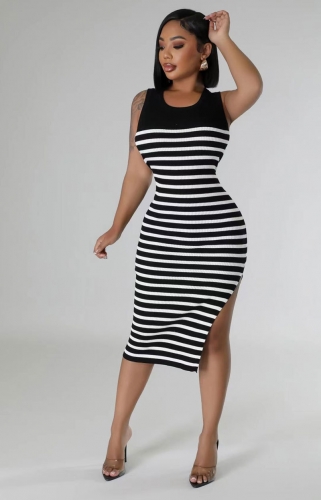 Round neck split color striped printed dress