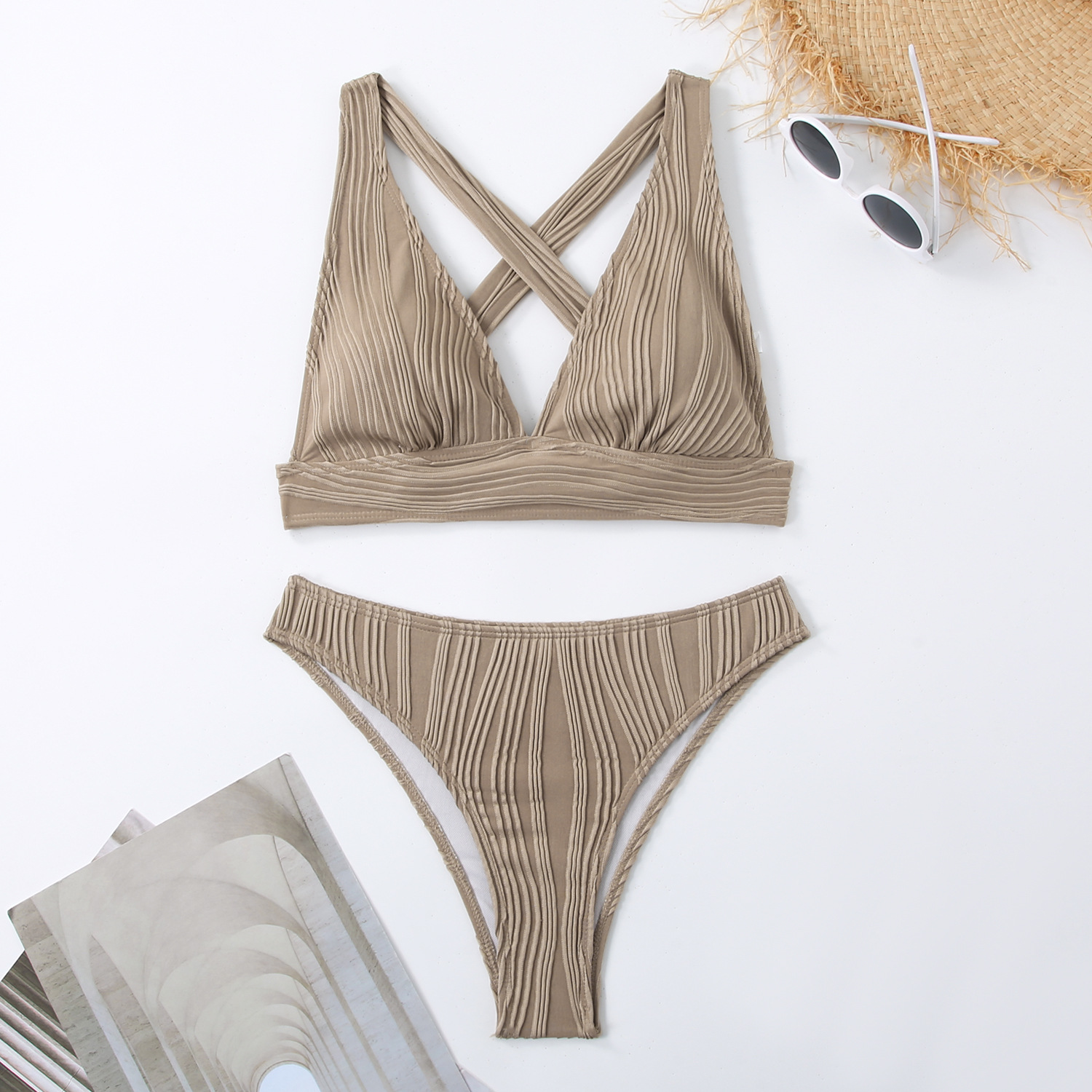 Sexy backless deep V-neck halter strap bikini swimsuit