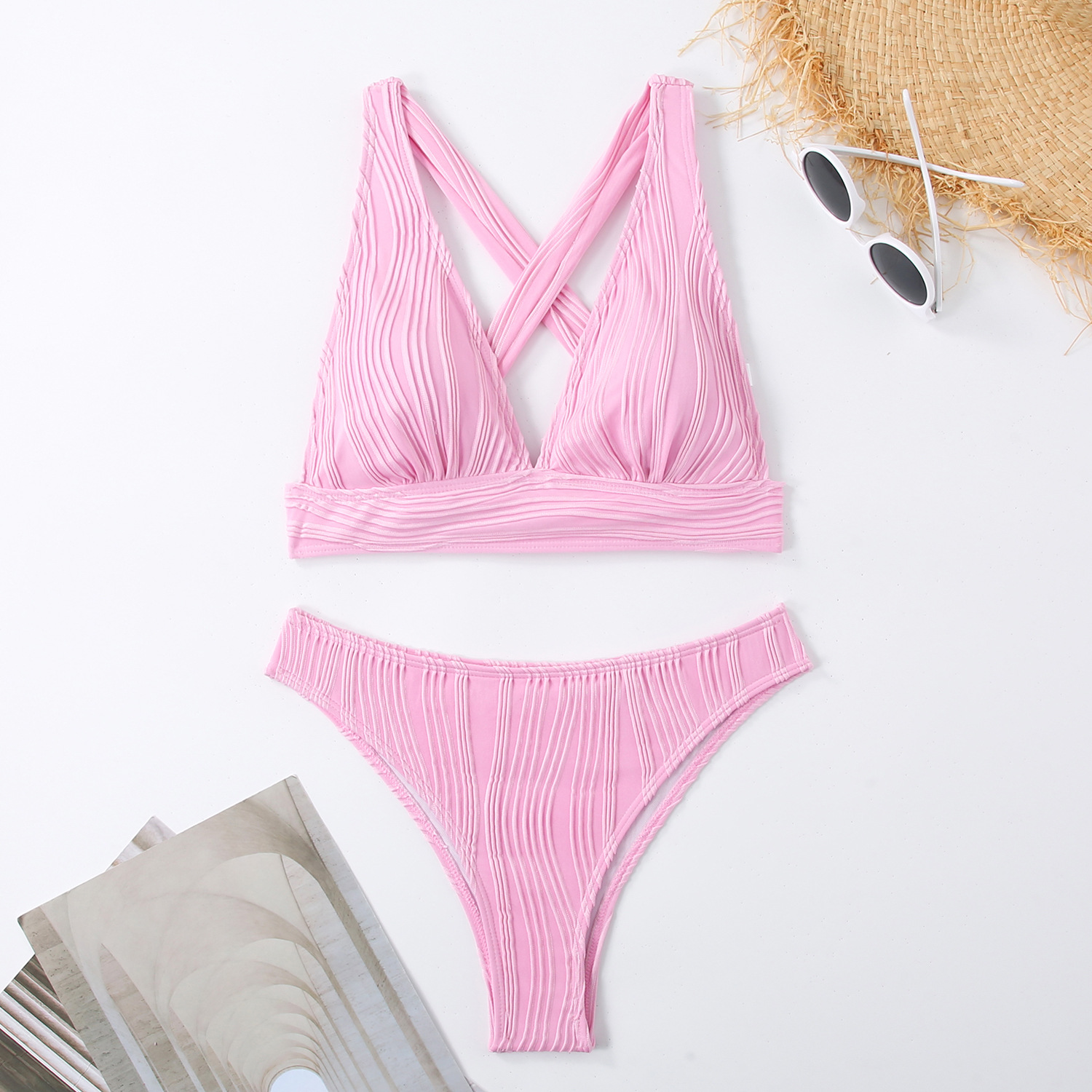 Sexy backless deep V-neck halter strap bikini swimsuit