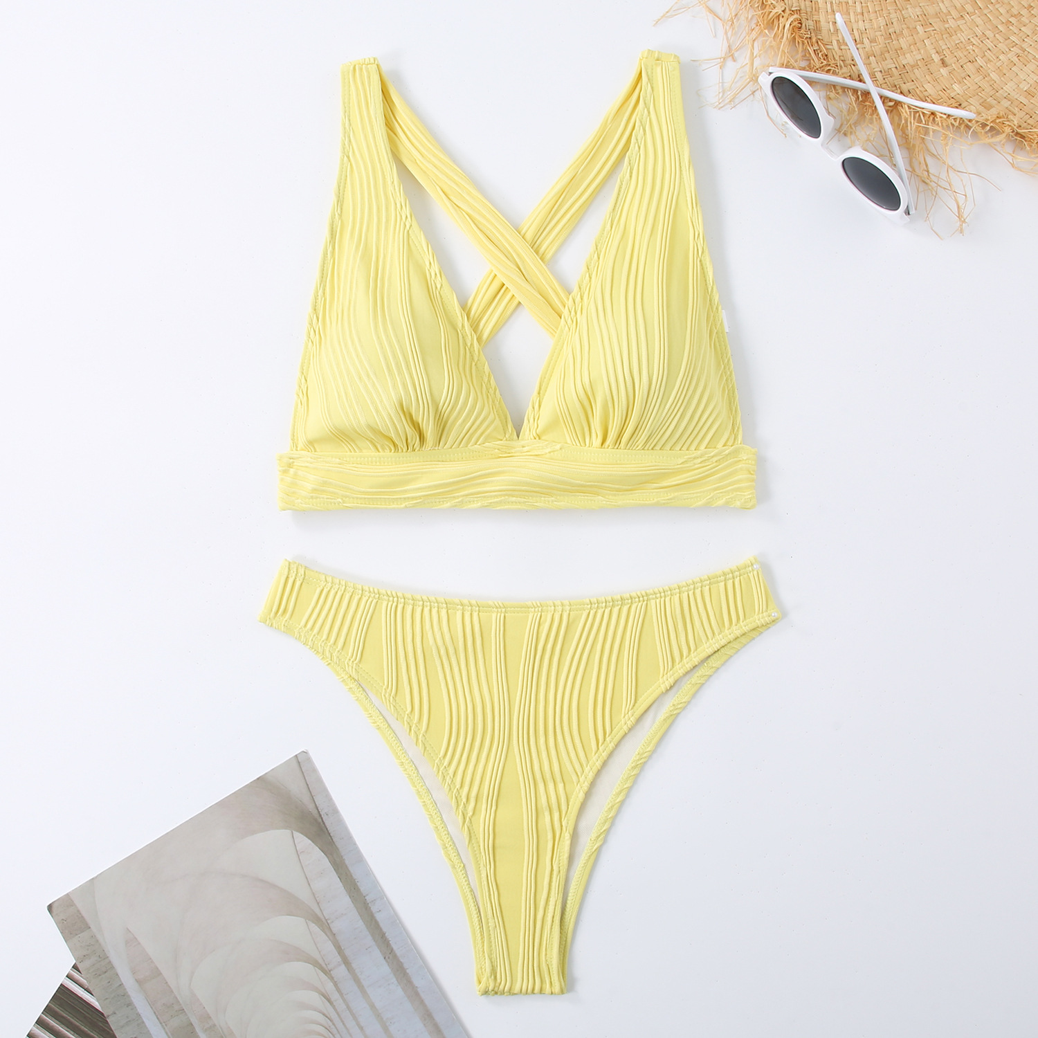 Sexy backless deep V-neck halter strap bikini swimsuit
