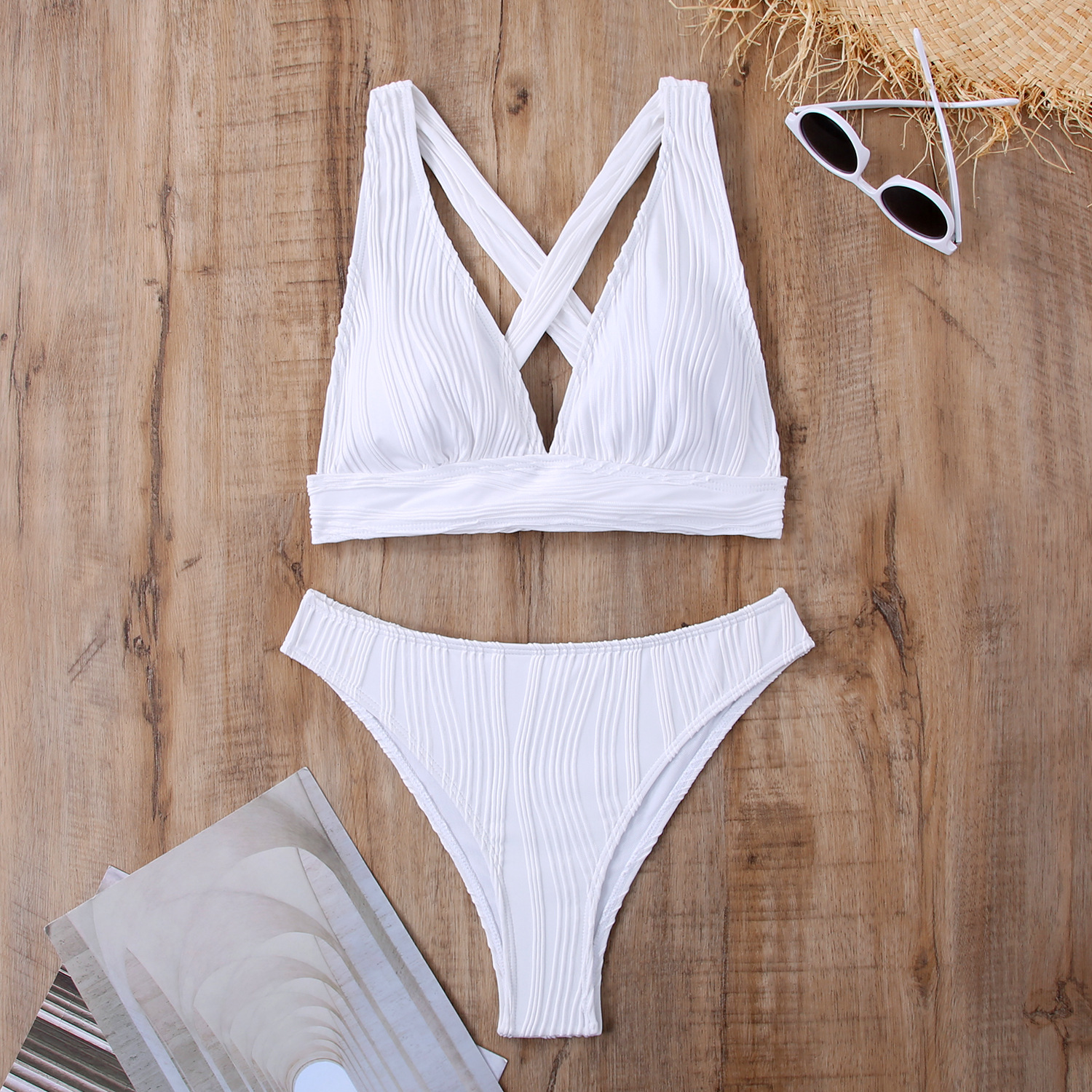 Sexy backless deep V-neck halter strap bikini swimsuit