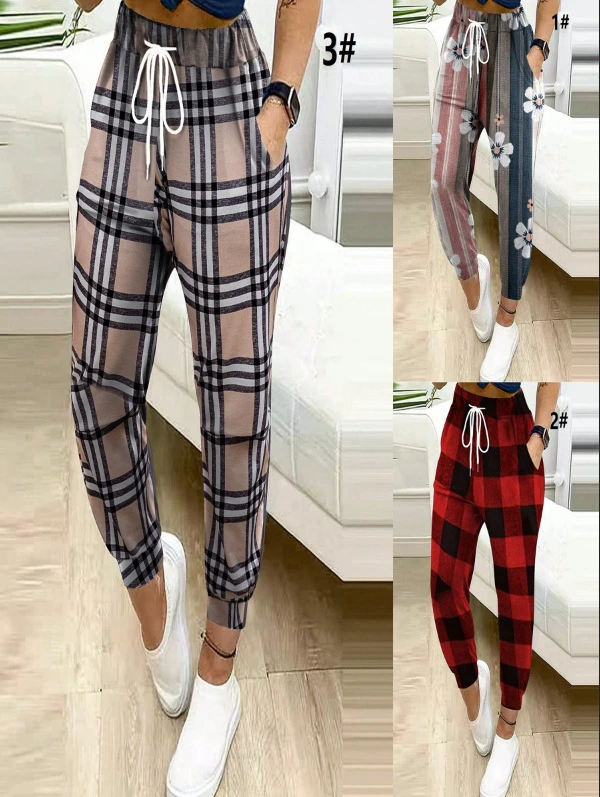Solid color plus size printed high waisted lace up pants