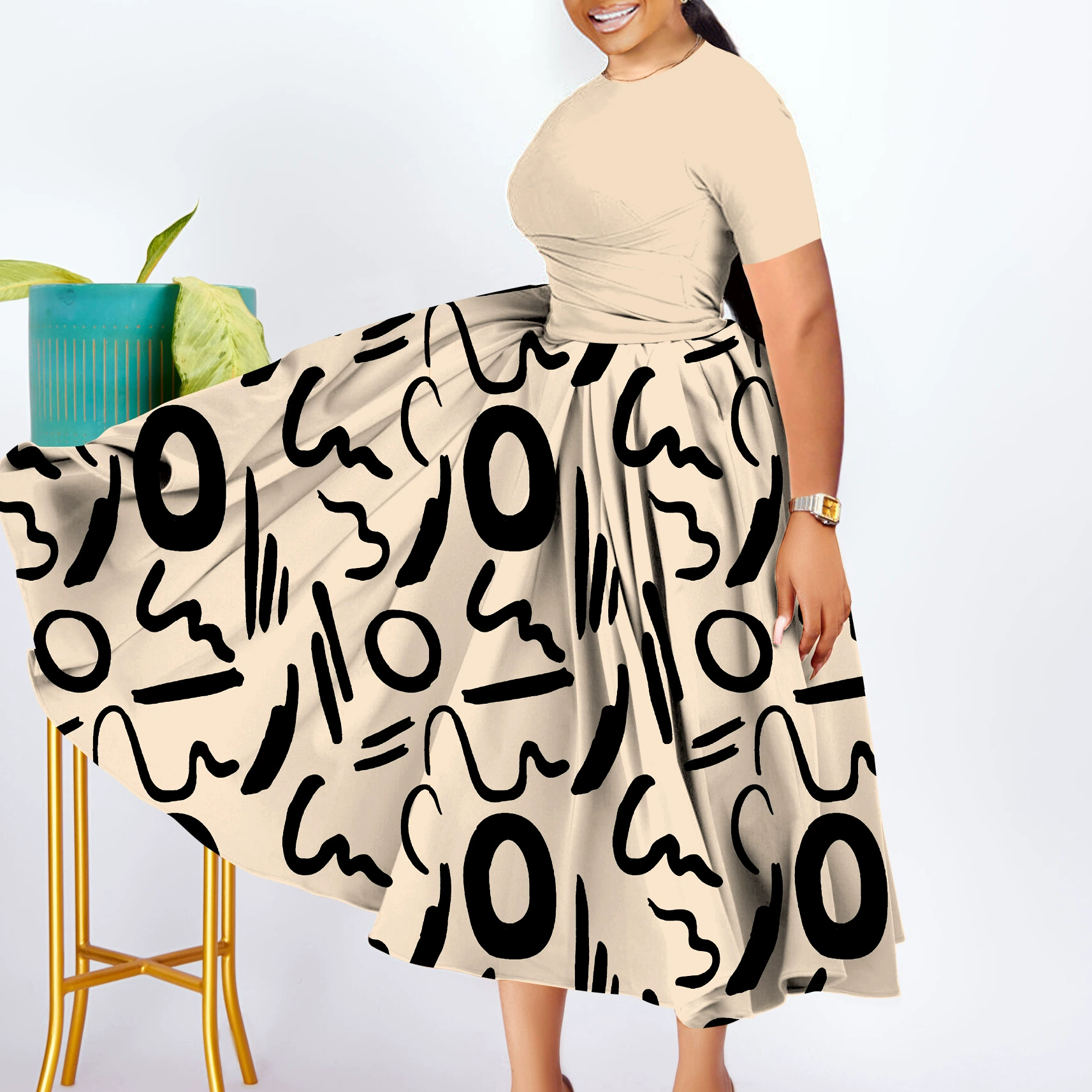 Sexy plus pleated short sleeved dress