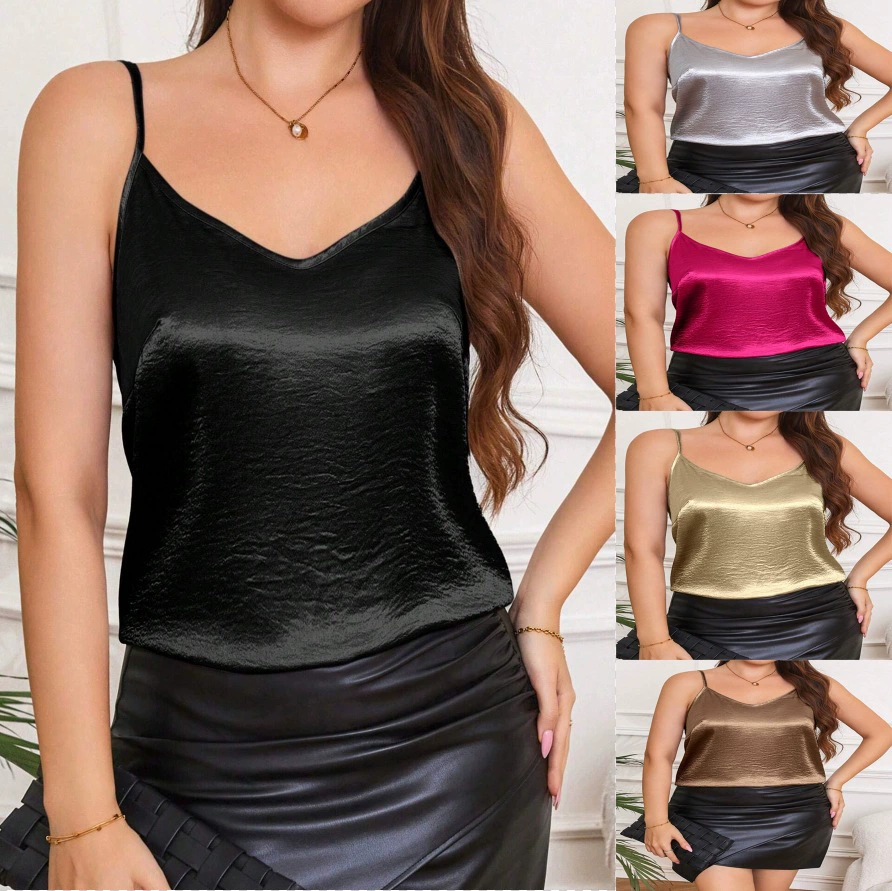 Sexy plus satin sleeveless V-neck tank top