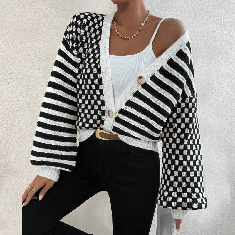 Casual plaid patchwork striped knitted jacket