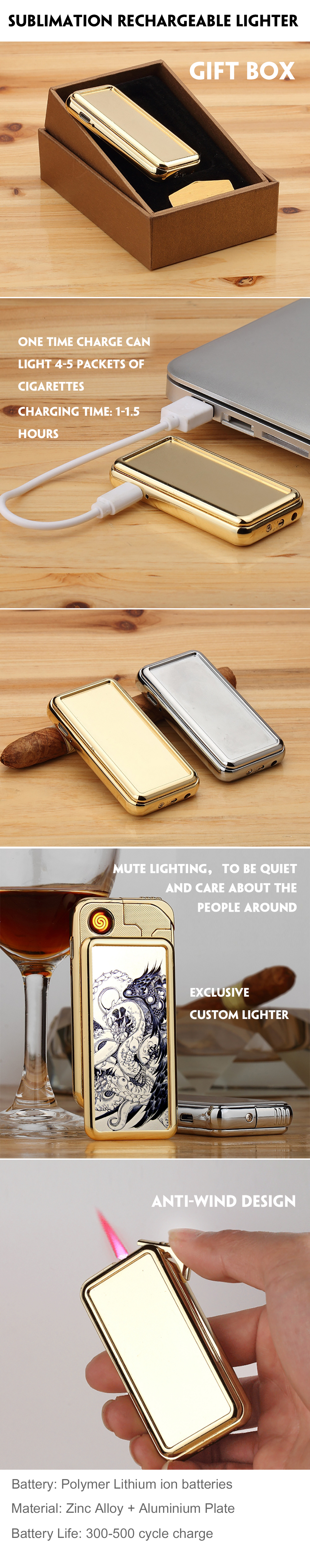 High Quality Sublimation Dual Charging USB Lighter, DIY Sublimation Lighter