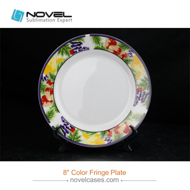 8 Inch Sublimation Ceramic Plate With Graphic Rim, Color Fringe Plate