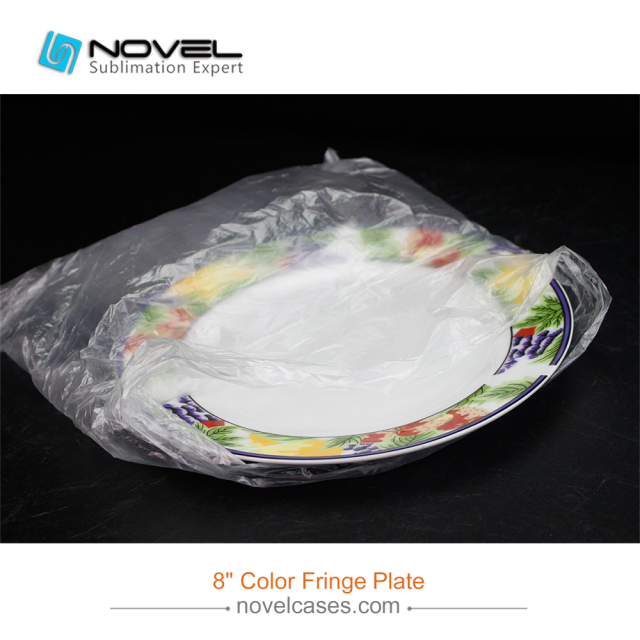 8 Inch Sublimation Ceramic Plate With Graphic Rim, Color Fringe Plate