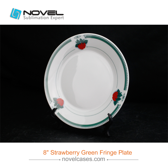 8 Inch Sublimation Blank Ceramic Strawberry Green Fringe Plate