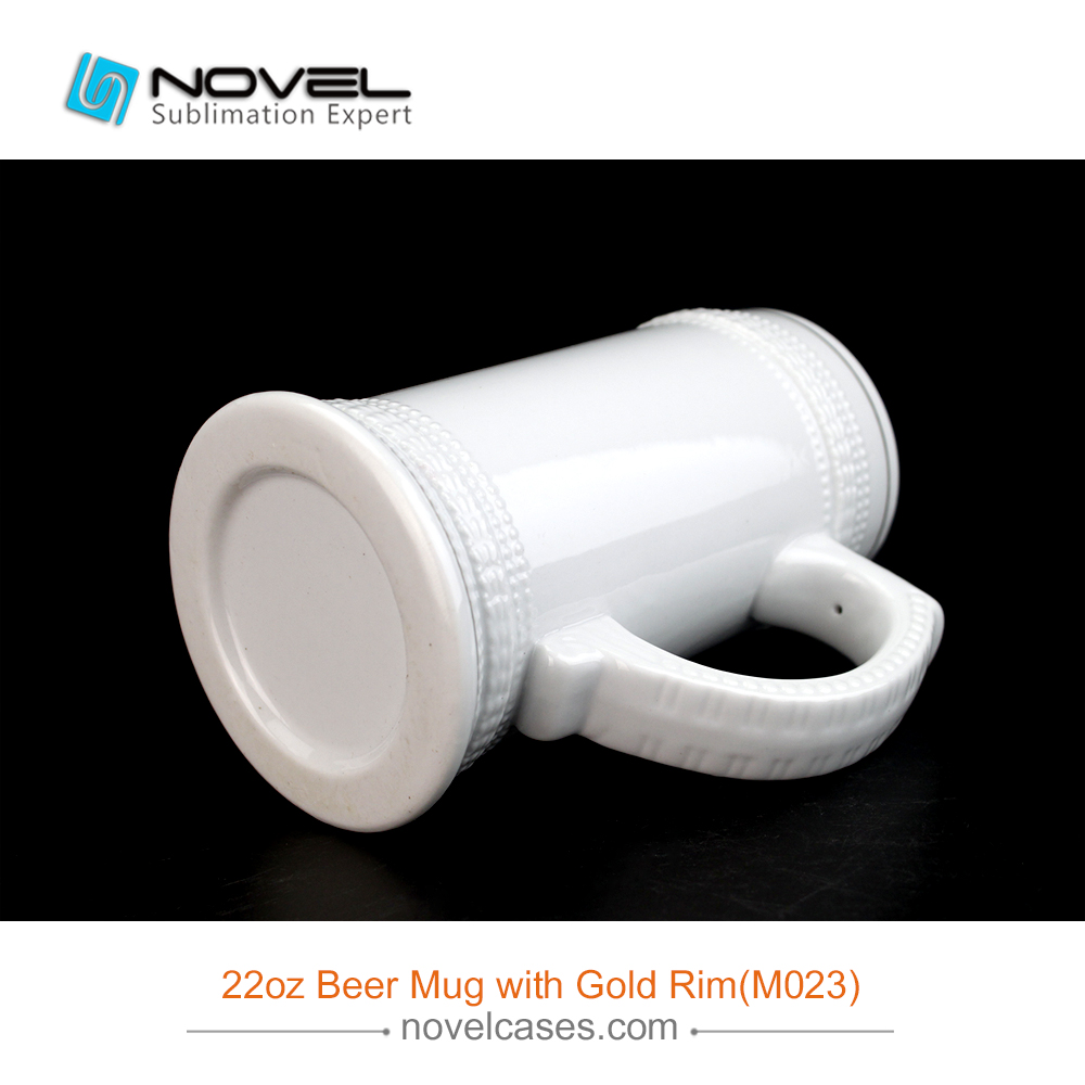 22 OZ Sublimation White Ceramic Beer Stein with Golden Rim