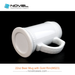 22 OZ Sublimation White Ceramic Beer Stein with Golden Rim
