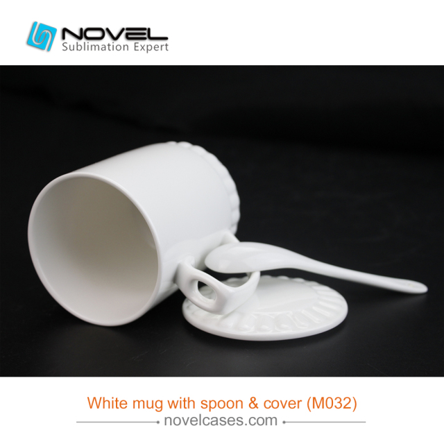 DIY Sublimation White mug with spoon &amp; cover,Coffee Mug For Wholesale