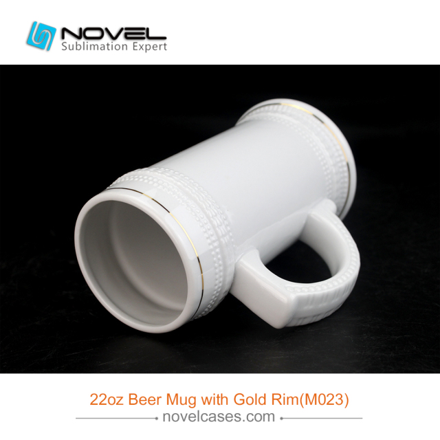 22 OZ Sublimation White Ceramic Beer Stein with Golden Rim