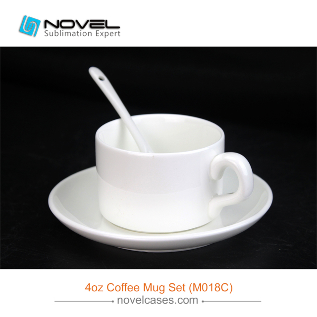 4oz Sublimation White Ceramic Coffee Mug With Saucer/Spoon,Coffee  Mug Set