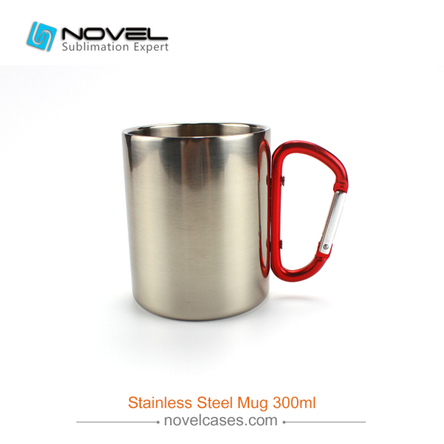 300ml Stainless Steel Sublimation Cup Mug With Red Carabiner Handle