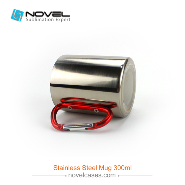 300ml Stainless Steel Sublimation Cup Mug With Red Carabiner Handle