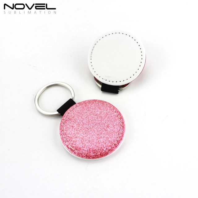 Sublimation DIY Colorful BlingBling PU Leather Keychain Round