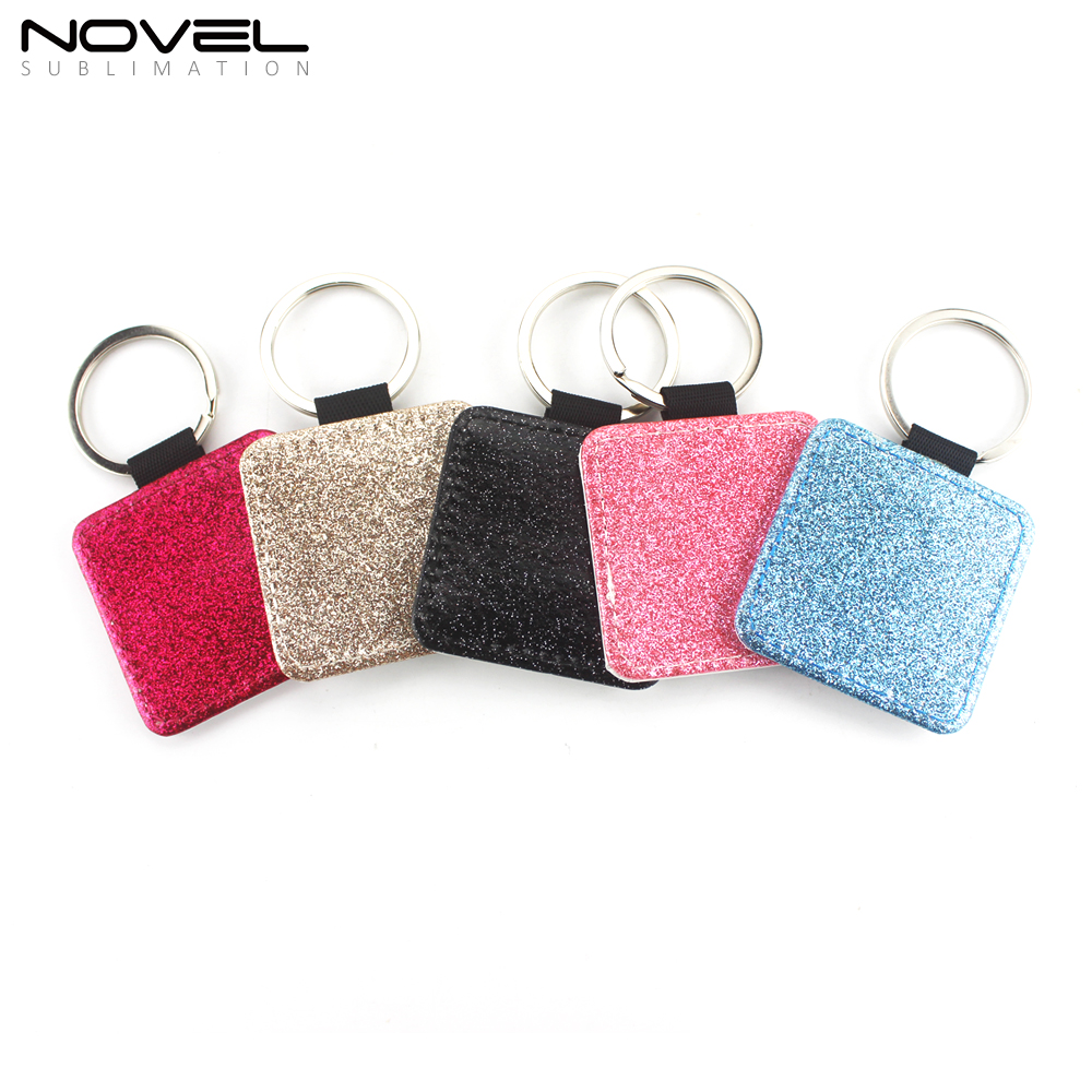 Sublimation DIY Colorful BlingBling PU Leather Keychain Square Customized Keyring