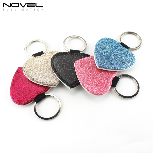 Sublimation DIY Colorful BlingBling PU Leather Keychain Heart