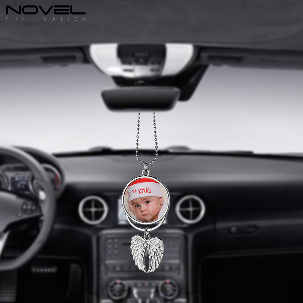 Sublimation DIY Metal Car Pendant -Big Round With Angel Wings Decoration