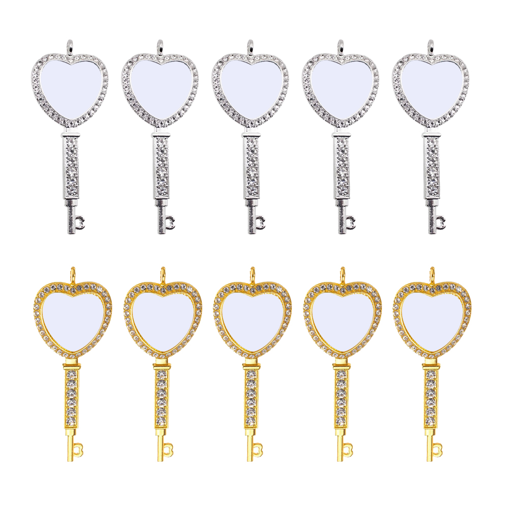 Sublimation Metal Sweater Ornament Gold Heart Key Shape Necklace With Diamonds