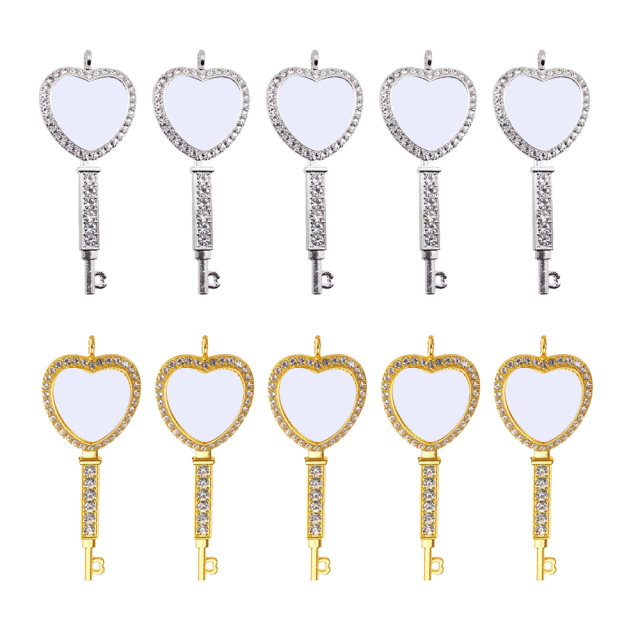 Sublimation Metal Sweater Ornament Gold Heart Key Shape Necklace With Diamonds