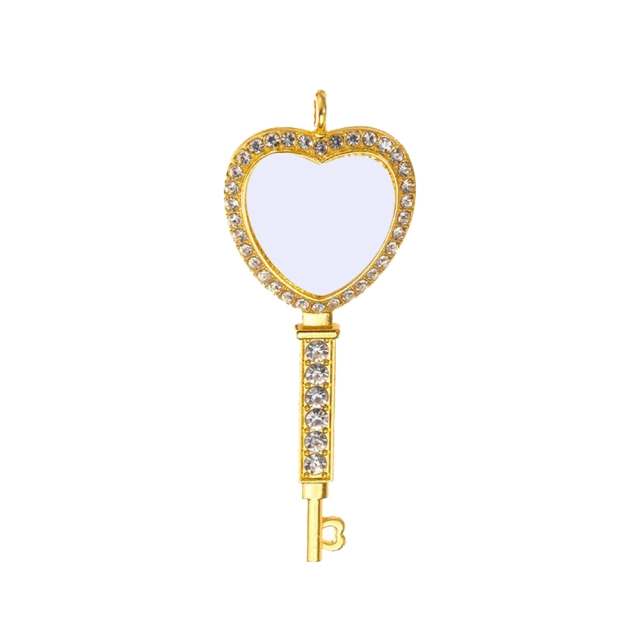 Sublimation Metal Sweater Ornament Gold Heart Key Shape Necklace With Diamonds