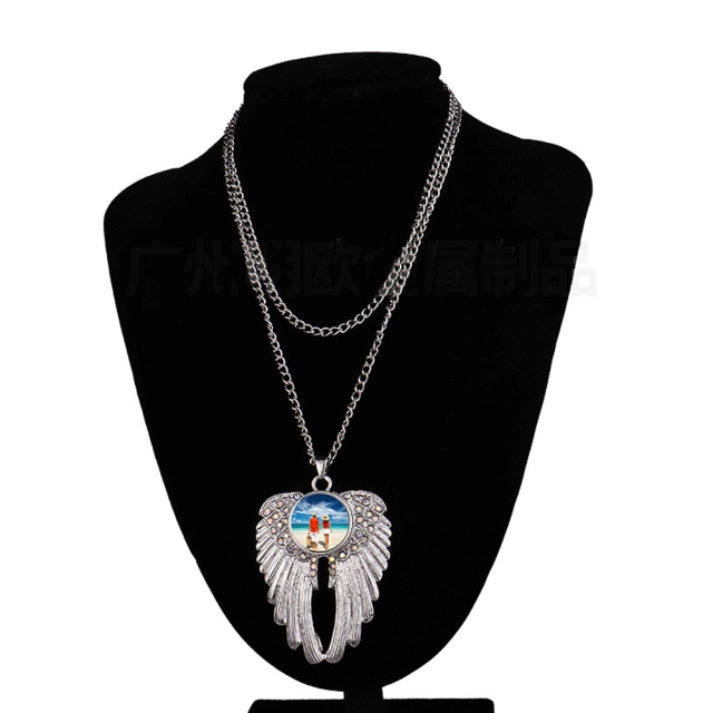 Sublimation Metal Sweater Ornament Angel Wings Necklace With Round Snap