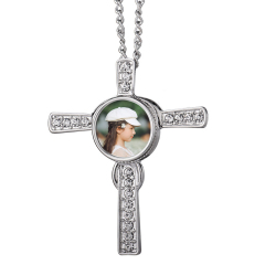 Fashion Sublimation Blank Metal Sweater Ornament Cross Diamond Necklace With Round Snap