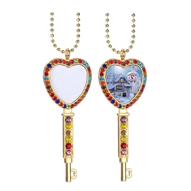 Sublimation Blank Metal Sweater Ornament Gold Heart Key Necklace With Color Diamonds