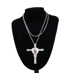 Fashion Sublimation Blank Metal Sweater Ornament Cross Diamond Necklace With Round Snap