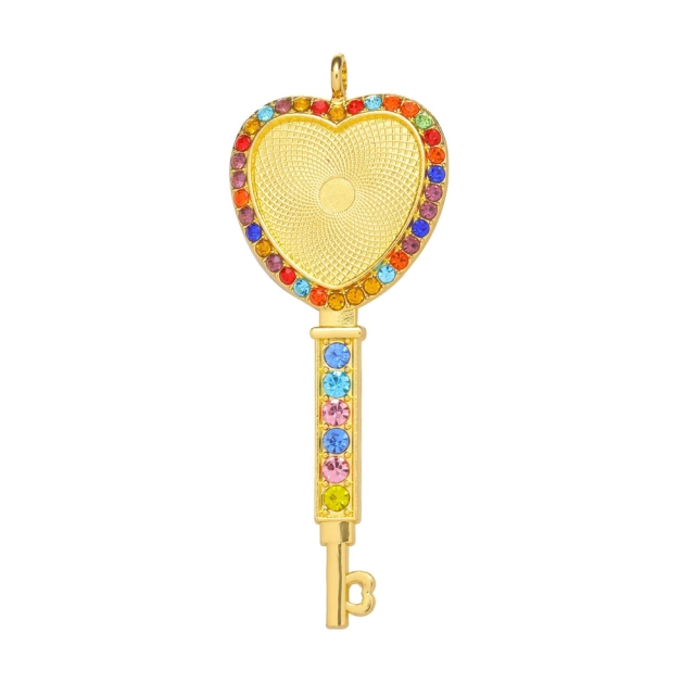 Sublimation Blank Metal Sweater Ornament Gold Heart Key Necklace With Color Diamonds