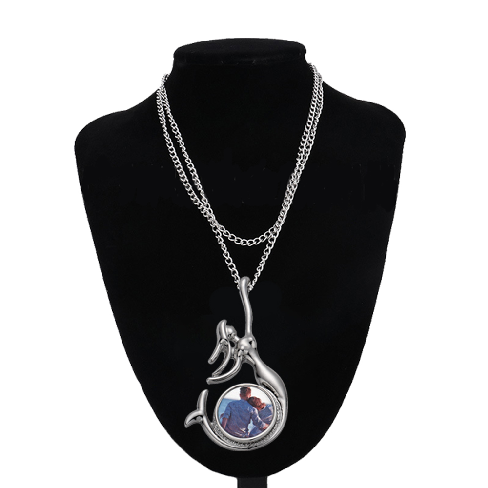 Fashion Sublimation Blank Metal Sweater Ornament Mermaid Necklace With Round Snap
