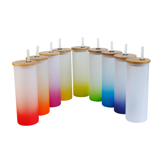 Sublimation Frosted Glass Cup Colored Bottom Mugs With Bamboo Lid