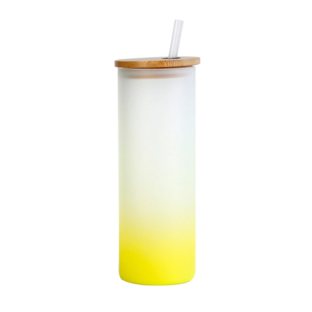 Sublimation Frosted Glass Cup Colored Bottom Mugs With Bamboo Lid