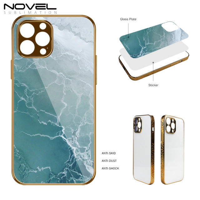 For iPhone 13 Pro Max Series With Tempered Glass Sheet Galvanized Electroplated Embossed Side Sublimation Phone Case