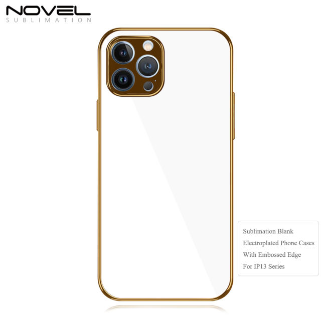 For iPhone 13 Pro Max Series With Tempered Glass Sheet Galvanized Electroplated Embossed Side Sublimation Phone Case
