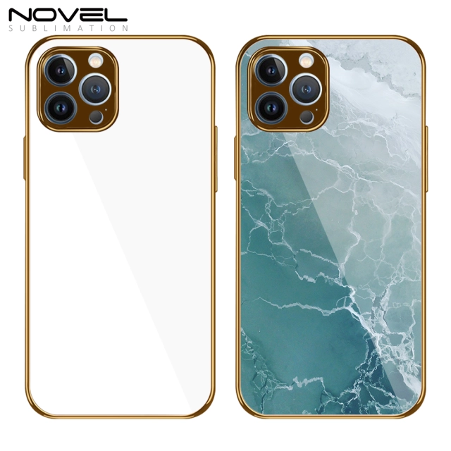 For iPhone 13 Pro Max Series With Tempered Glass Sheet Galvanized Electroplated Embossed Side Sublimation Phone Case