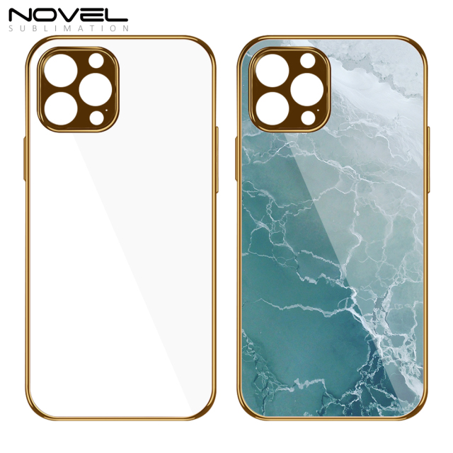 For iPhone 13 Pro Max Series With Tempered Glass Sheet Galvanized Electroplated Embossed Side Sublimation Phone Case