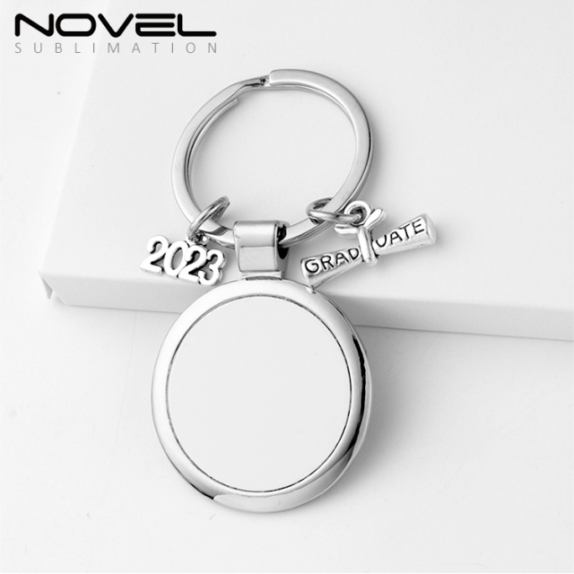 Sublimation Blank Metal 2023 Graduation Keychains Customized School Logo Design Printable Keyring